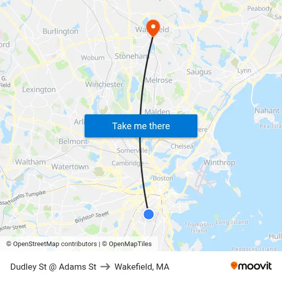 Dudley St @ Adams St to Wakefield, MA map