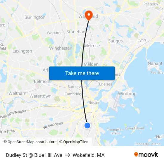 Dudley St @ Blue Hill Ave to Wakefield, MA map
