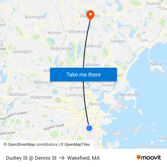 Dudley St @ Dennis St to Wakefield, MA map