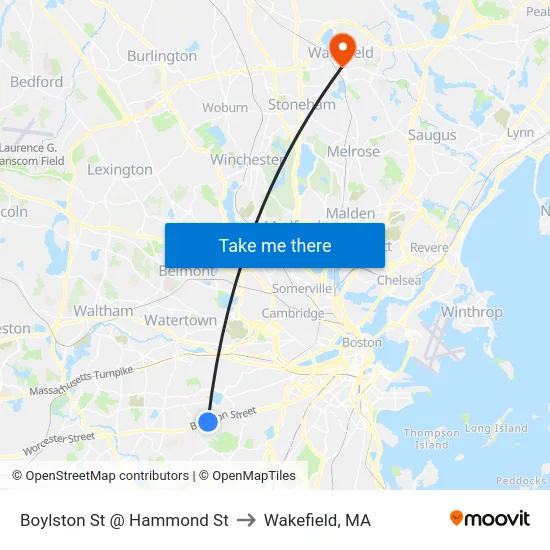 Boylston St @ Hammond St to Wakefield, MA map