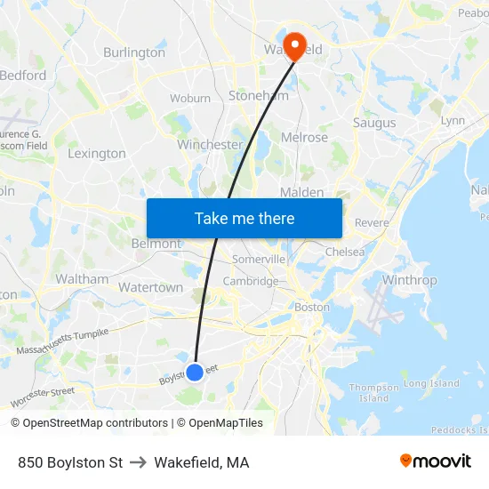 850 Boylston St to Wakefield, MA map