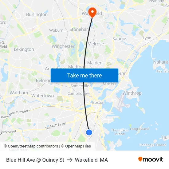 Blue Hill Ave @ Quincy St to Wakefield, MA map