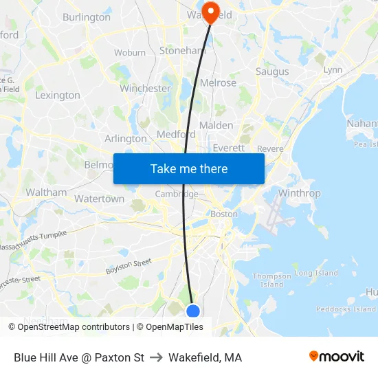 Blue Hill Ave @ Paxton St to Wakefield, MA map