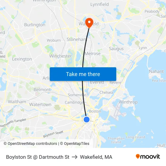 Boylston St @ Dartmouth St to Wakefield, MA map