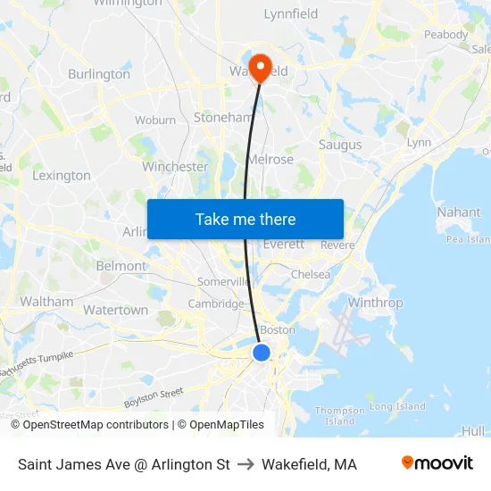 Saint James Ave @ Arlington St to Wakefield, MA map
