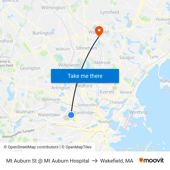 Mt Auburn St @ Mt Auburn Hospital to Wakefield, MA map