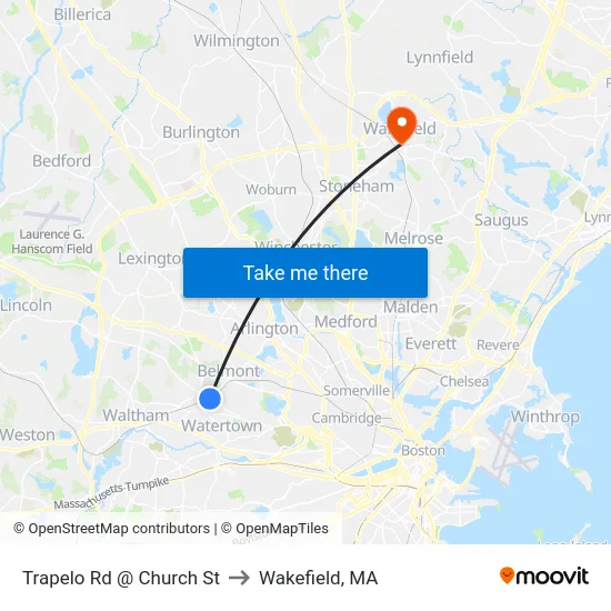 Trapelo Rd @ Church St to Wakefield, MA map