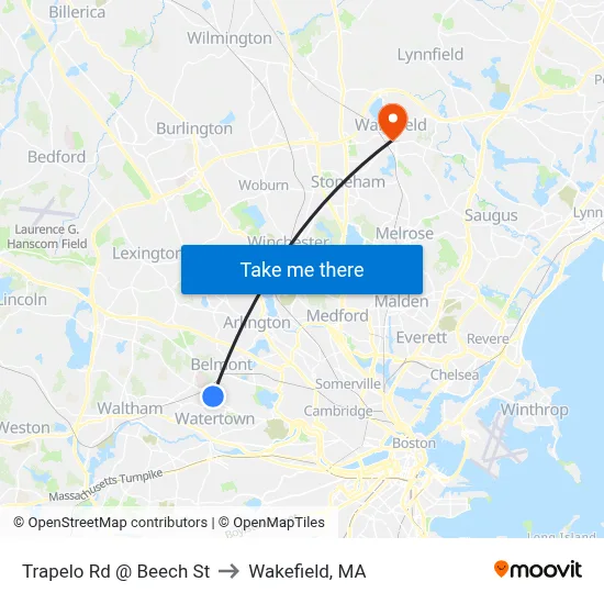 Trapelo Rd @ Beech St to Wakefield, MA map