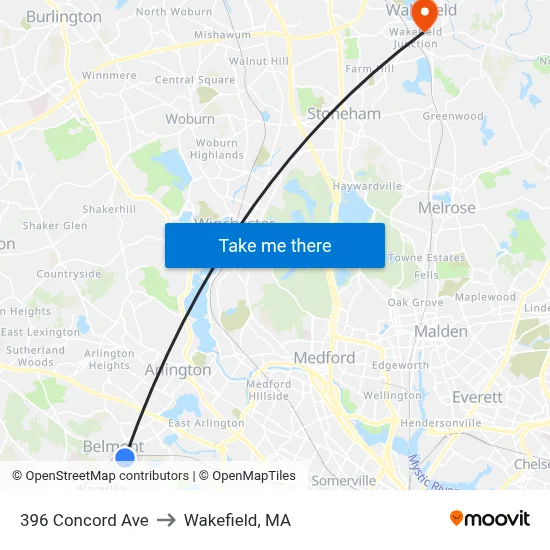 396 Concord Ave to Wakefield, MA map