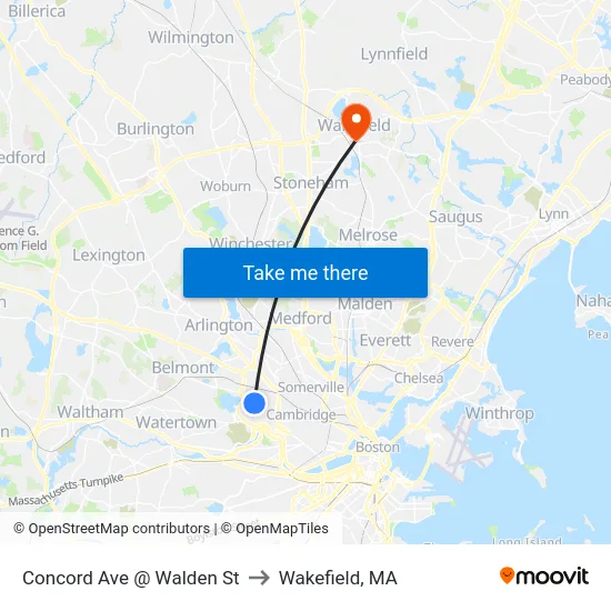 Concord Ave @ Walden St to Wakefield, MA map