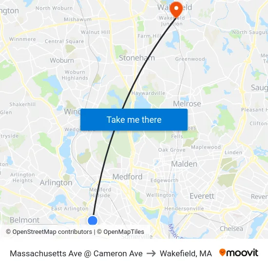 Massachusetts Ave @ Cameron Ave to Wakefield, MA map