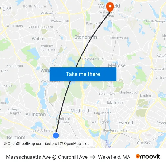 Massachusetts Ave @ Churchill Ave to Wakefield, MA map