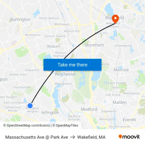 Massachusetts Ave @ Park Ave to Wakefield, MA map