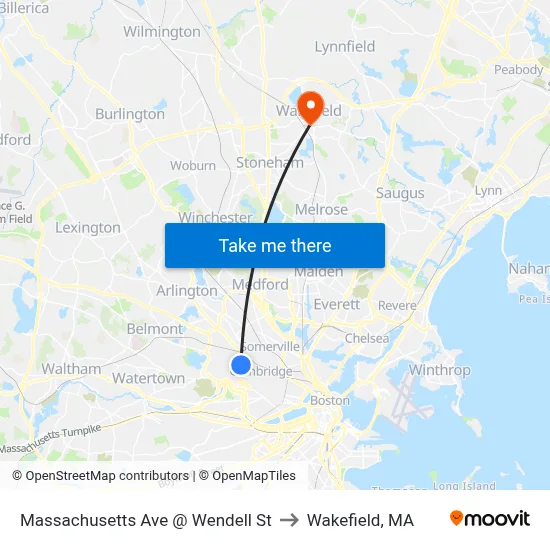 Massachusetts Ave @ Wendell St to Wakefield, MA map