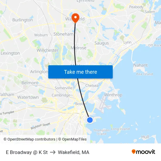 E Broadway @ K St to Wakefield, MA map