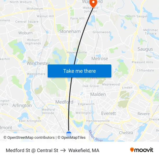 Medford St @ Central St to Wakefield, MA map
