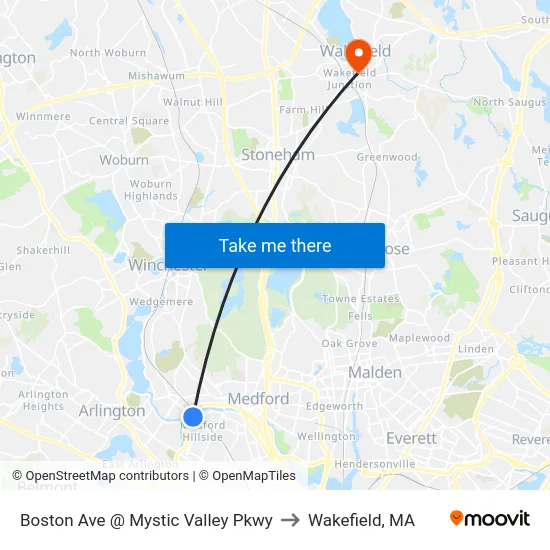 Boston Ave @ Mystic Valley Pkwy to Wakefield, MA map