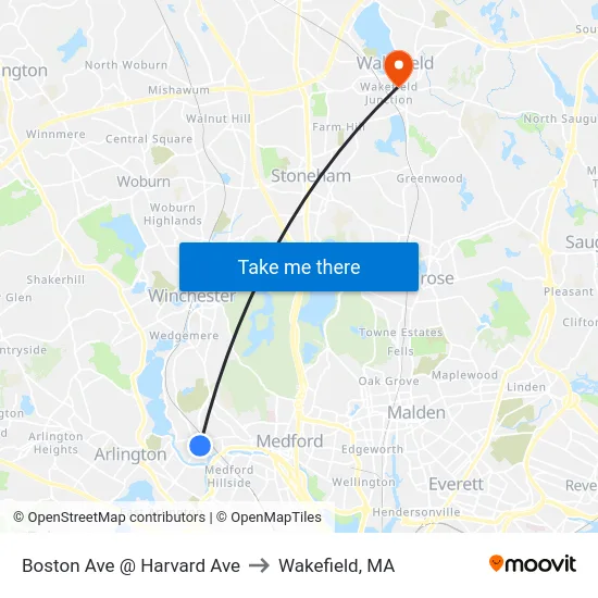 Boston Ave @ Harvard Ave to Wakefield, MA map