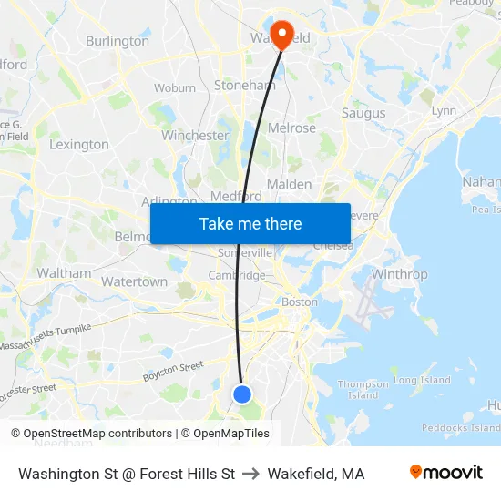 Washington St @ Forest Hills St to Wakefield, MA map