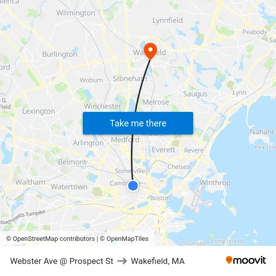 Webster Ave @ Prospect St to Wakefield, MA map