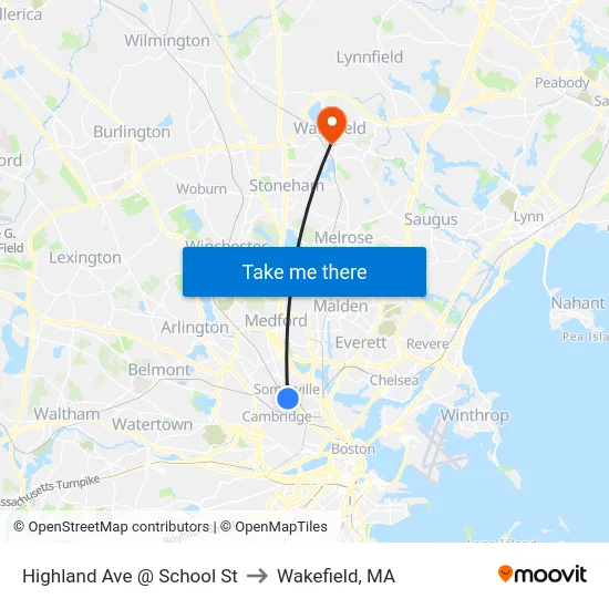 Highland Ave @ School St to Wakefield, MA map