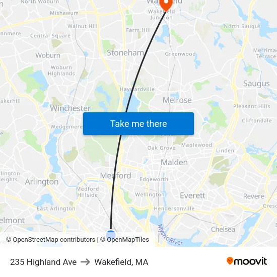 235 Highland Ave to Wakefield, MA map