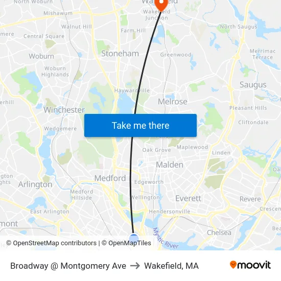Broadway @ Montgomery Ave to Wakefield, MA map