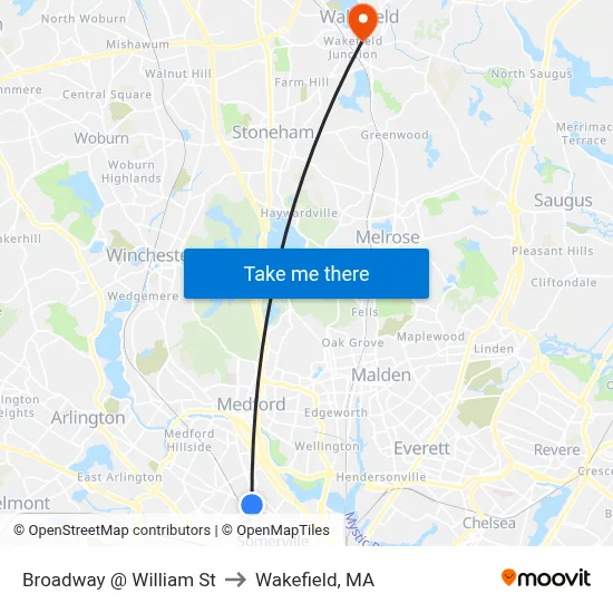 Broadway @ William St to Wakefield, MA map