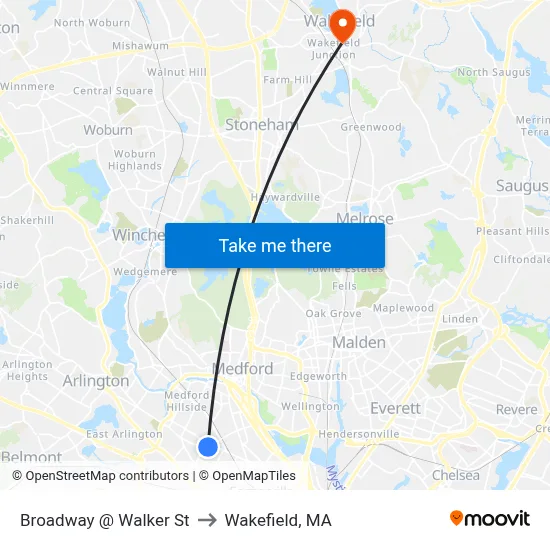Broadway @ Walker St to Wakefield, MA map