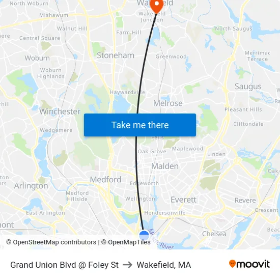 Grand Union Blvd @ Foley St to Wakefield, MA map