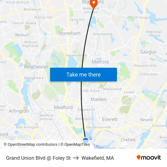 Grand Union Blvd @ Foley St to Wakefield, MA map