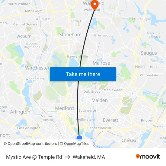 Mystic Ave @ Temple Rd to Wakefield, MA map