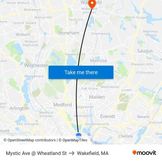 Mystic Ave @ Wheatland St to Wakefield, MA map