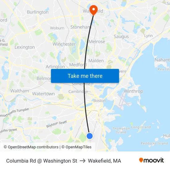 Columbia Rd @ Washington St to Wakefield, MA map
