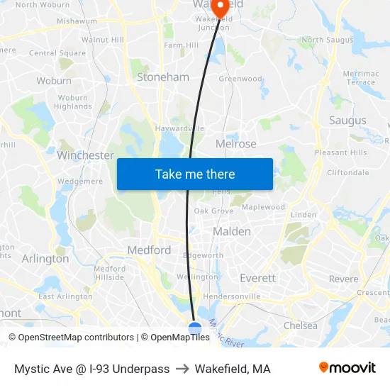 Mystic Ave @ I-93 Underpass to Wakefield, MA map