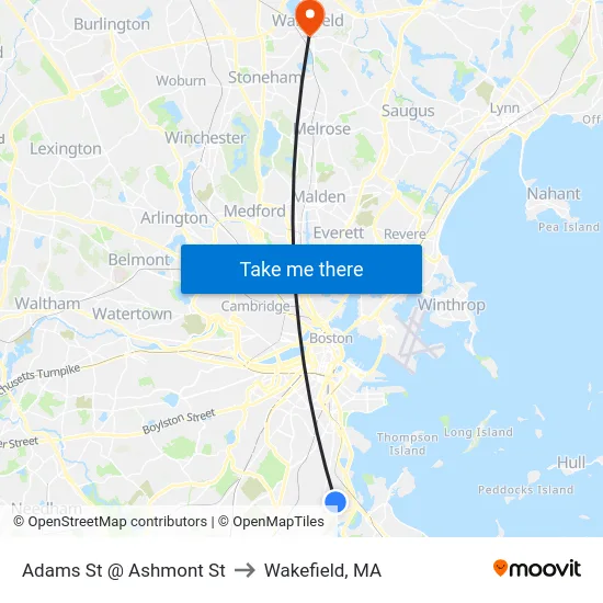 Adams St @ Ashmont St to Wakefield, MA map