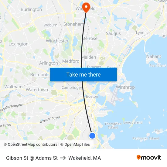 Gibson St @ Adams St to Wakefield, MA map