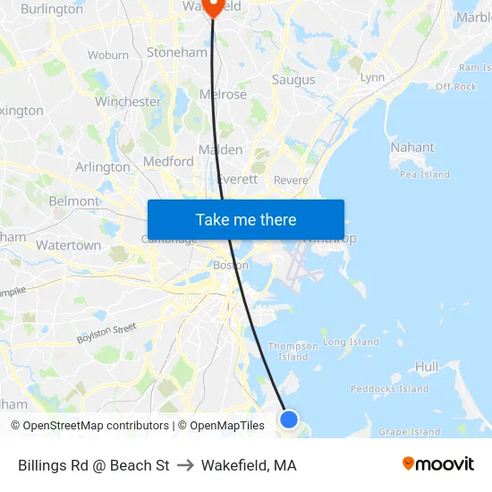 Billings Rd @ Beach St to Wakefield, MA map