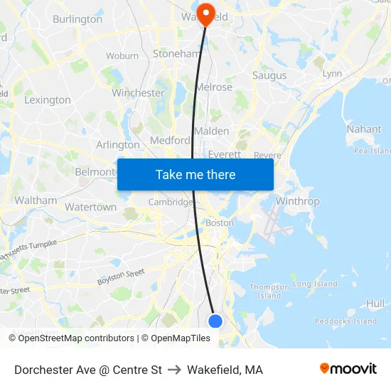 Dorchester Ave @ Centre St to Wakefield, MA map