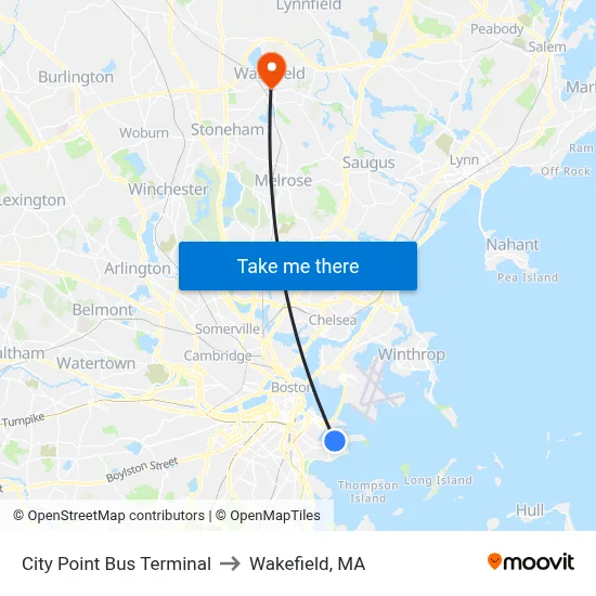 City Point Bus Terminal to Wakefield, MA map