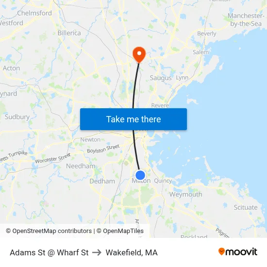 Adams St @ Wharf St to Wakefield, MA map