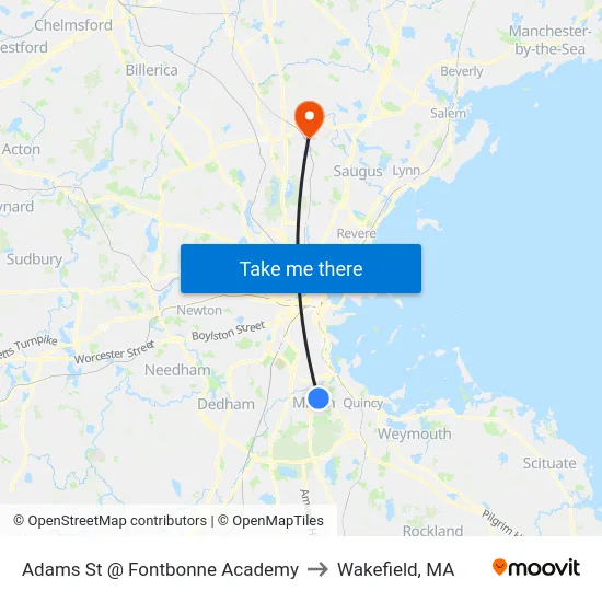 Adams St @ Fontbonne Academy to Wakefield, MA map