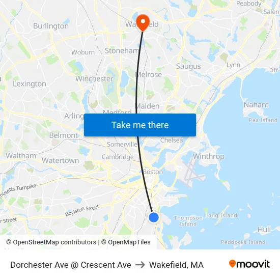Dorchester Ave @ Crescent Ave to Wakefield, MA map