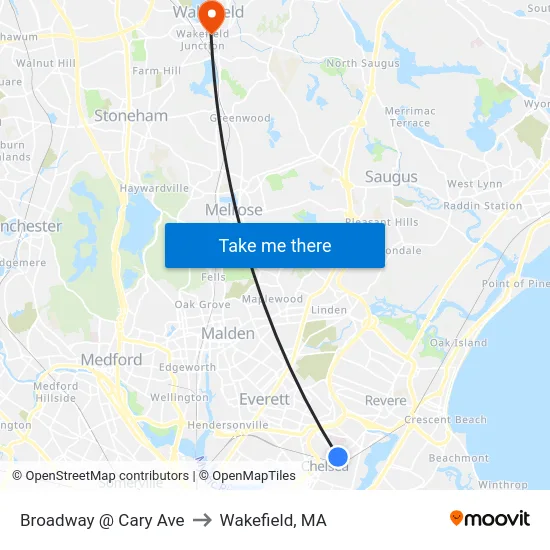 Broadway @ Cary Ave to Wakefield, MA map