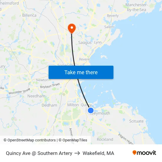Quincy Ave @ Southern Artery to Wakefield, MA map