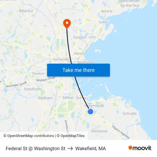 Federal St @ Washington St to Wakefield, MA map