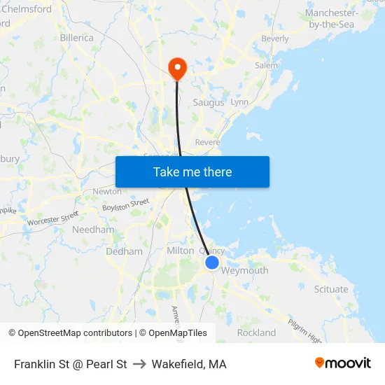 Franklin St @ Pearl St to Wakefield, MA map