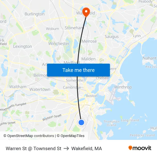 Warren St @ Townsend St to Wakefield, MA map
