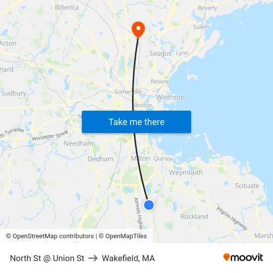 North St @ Union St to Wakefield, MA map