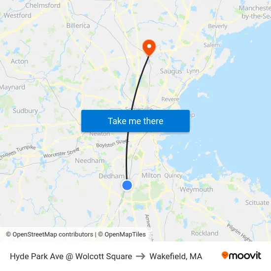 Hyde Park Ave @ Wolcott Square to Wakefield, MA map